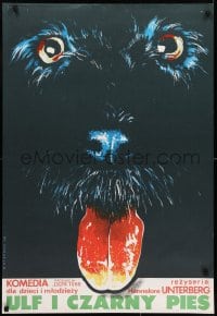 7f622 BOY WITH THE BIG BLACK DOG Polish 26x38 1988 Witold Dybowski close-up art of cool dog!