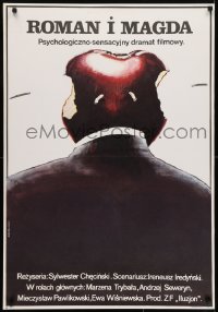 7f675 ROMAN I MAGDA Polish 27x39 1979 Marek Ploza-Dounski art of man with apple for a head!