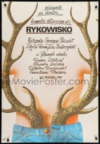 7f678 RYKOWISKO Polish 27x39 1987 Witold Skurski, wild Edward Lutczyn art of antlers in pants!