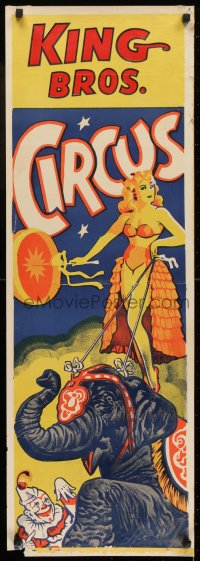 7g004 KING BROS CIRCUS 14x41 circus poster 1950s  great art of sexy girl on elephant by clown!