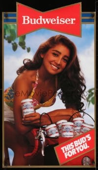 7g062 BUDWEISER 19x34 advertising poster 1986 image of sexy woman on bicycle, this bud's for you!