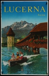 7g018 LUCERNA SUIZA printer's test 26x42 Swiss travel poster 1960s boat by the Kapellbrucke!