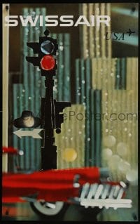 7g020 SWISSAIR USA 25x40 Swiss travel poster 1961 car & traffic light in the city by Schwabe!