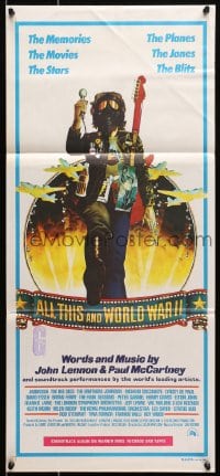 7j041 ALL THIS & WORLD WAR II Aust daybill 1977 Lennon & McCartney, hippie w/gas mask & bombers art