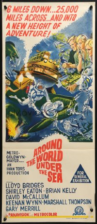 7j063 AROUND THE WORLD UNDER THE SEA Aust daybill 1967 Lloyd Bridges, great scuba diving fantasy art!