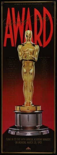 7k164 64TH ANNUAL ACADEMY AWARDS 19x52 video poster 1992 cool shadowy image of Oscar!