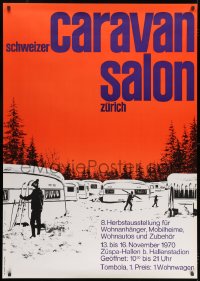 7k202 CARAVAN SALON 36x51 Swiss special poster 1969 skiers and caravans by Rolf Stickel!