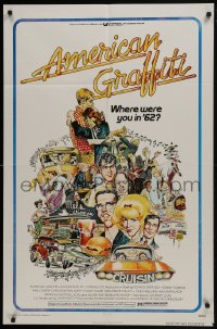 7p017 AMERICAN GRAFFITI 1sh 1973 George Lucas teen classic, Mort Drucker montage art of cast!