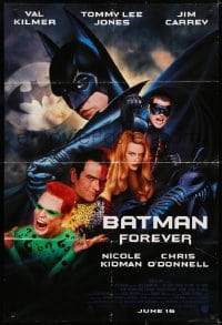 7p036 BATMAN FOREVER advance DS 1sh 1995 Kilmer, Kidman, O'Donnell, Jones, Carrey, top cast!