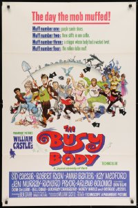 7p081 BUSY BODY 1sh 1967 William Castle, great wacky art of entire cast by Frank Frazetta!