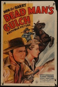7p179 DEAD MAN'S GULCH 1sh 1943 Don Red Barry, Lynn Merrick, cool western action artwork!