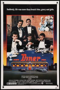 7p205 DINER 1sh 1982 Barry Levinson, Kevin Bacon, Daniel Stern, Mickey Rourke, art by Joe Garnett!