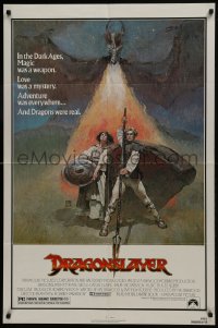 7p217 DRAGONSLAYER 1sh 1981 cool Jeff Jones fantasy artwork of Peter MacNicol w/spear & dragon!
