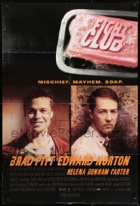 7p260 FIGHT CLUB style A advance DS 1sh 1999 portraits of Edward Norton and Brad Pitt & bar of soap!