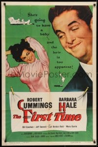 7p266 FIRST TIME 1sh R1956 wacky Robert Cummings and pretty Barbara Hale expecting a baby!