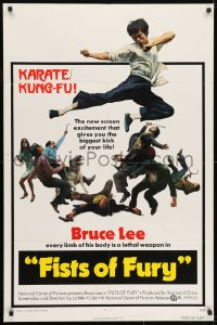 7p268 FISTS OF FURY 1sh 1973 Bruce Lee gives you biggest kick of your life, great kung fu image!