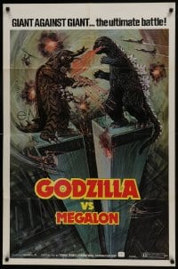 7p312 GODZILLA VS. MEGALON 1sh 1976 Gojira tai Megaro, art of monsters battling on Twin Towers!