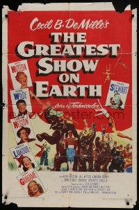 7p332 GREATEST SHOW ON EARTH 1sh 1952 best image of James Stewart, Betty Hutton & Emmett Kelly!