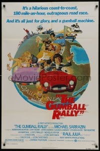 7p337 GUMBALL RALLY style A 1sh 1976 Michael Sarrazin, wacky art of car racing around the world!