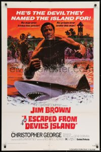 7p383 I ESCAPED FROM DEVIL'S ISLAND 1sh 1973 cool art of Jim Brown swimming w/sharks!