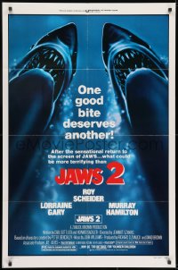 7p415 JAWS 2 1sh R1980 Roy Scheider, one good bite deserves another, what could be more terrifying!