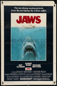 7p413 JAWS 1sh 1975 art of Steven Spielberg's classic man-eating shark attacking swimmer!