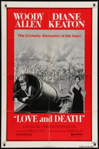7p473 LOVE & DEATH style C 1sh 1975 Diane Keaton about to fire Woody Allen out of a cannon!