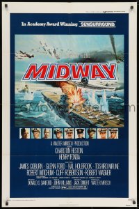 7p515 MIDWAY NSS style 1sh 1976 Charlton Heston, Henry Fonda, dramatic naval battle art!