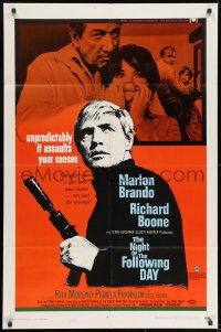 7p566 NIGHT OF THE FOLLOWING DAY 1sh 1969 Marlon Brando, Richard Boone, it assaults your senses!