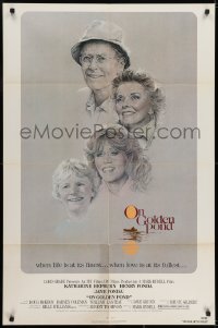 7p586 ON GOLDEN POND 1sh 1981 art of Hepburn, Henry Fonda, and Jane Fonda by C.D. de Mar