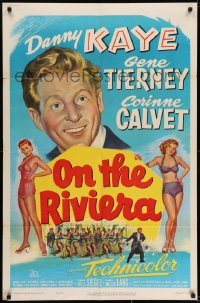 7p587 ON THE RIVIERA 1sh 1951 art of Danny Kaye, sexy Gene Tierney & Corinne Calvet!