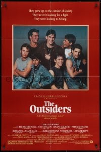 7p606 OUTSIDERS 1sh 1982 Coppola, S.E. Hinton, Howell, Dillon, Macchio & top cast, no border design!