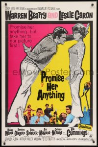 7p647 PROMISE HER ANYTHING 1sh 1966 art of Warren Beatty w/fingers crossed & pretty Leslie Caron!