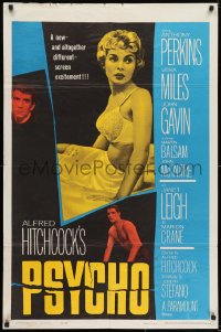 7p649 PSYCHO 1sh 1960 sexy half-dressed Janet Leigh, Anthony Perkins, Alfred Hitchcock classic!