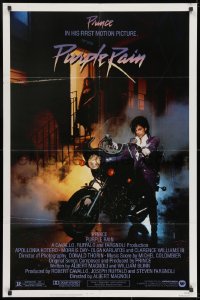 7p652 PURPLE RAIN 1sh 1984 great image of Prince riding motorcycle, in his first motion picture!