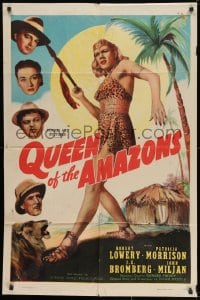 7p657 QUEEN OF THE AMAZONS 1sh 1947 Robert Lowery, Patricia Morrison, art of sexy jungle warrior!