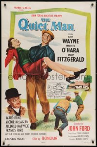 7p659 QUIET MAN 1sh R1957 great image of John Wayne carrying Maureen O'Hara, John Ford classic!