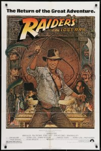 7p662 RAIDERS OF THE LOST ARK 1sh R1980s great art of adventurer Harrison Ford by Richard Amsel!