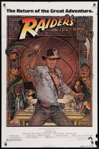 7p663 RAIDERS OF THE LOST ARK 1sh R1982 great Richard Amsel art of adventurer Harrison Ford!