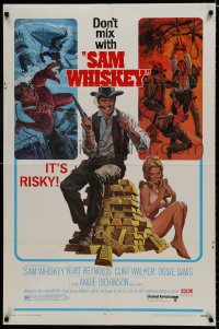 7p731 SAM WHISKEY 1sh 1969 Allison art of Burt Reynolds & sexy Angie Dickinson by huge pile of gold!