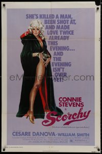 7p740 SCORCHY 1sh 1976 full-length art of sexiest barely-dressed Connie Stevens in black cape!