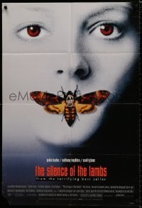 7p779 SILENCE OF THE LAMBS style D DS 1sh 1991 creepy image of Jodie Foster with moth over mouth!
