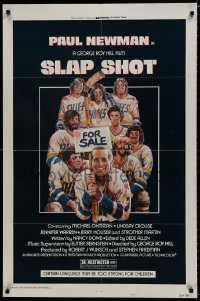 7p790 SLAP SHOT style A 1sh 1977 Paul Newman hockey sports classic, great cast portrait art by Craig