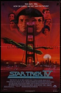 7p825 STAR TREK IV 1sh 1986 art of Leonard Nimoy, Shatner & Klingon Bird-of-Prey by Bob Peak!