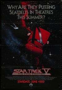 7p826 STAR TREK V advance 1sh 1989 The Final Frontier, image of theater chair w/seatbelt!