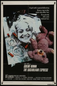 7p850 SUGARLAND EXPRESS 1sh 1974 Steven Spielberg, photo of Goldie Hawn under gun, teddy bear!