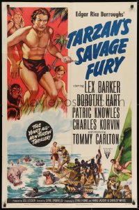 7p874 TARZAN'S SAVAGE FURY style A 1sh 1952 art of Lex Barker & Dorothy Hart, Edgar Rice Burroughs