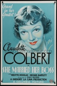 7r015 SHE MARRIED HER BOSS S2 recreation 1sh 2001 blue deco art of Claudette Colbert with red lips!