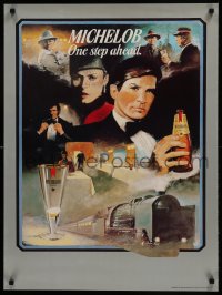 7r224 ANHEUSER-BUSCH 23x31 advertising poster 1982 M. Pate railroad train spy art, One Step Ahead!