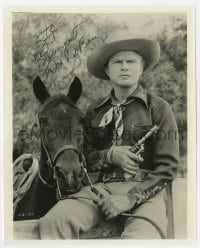 7s887 DON 'RED' BARRY signed 8x10 REPRO still 1980s great close up holding gun by his horse!